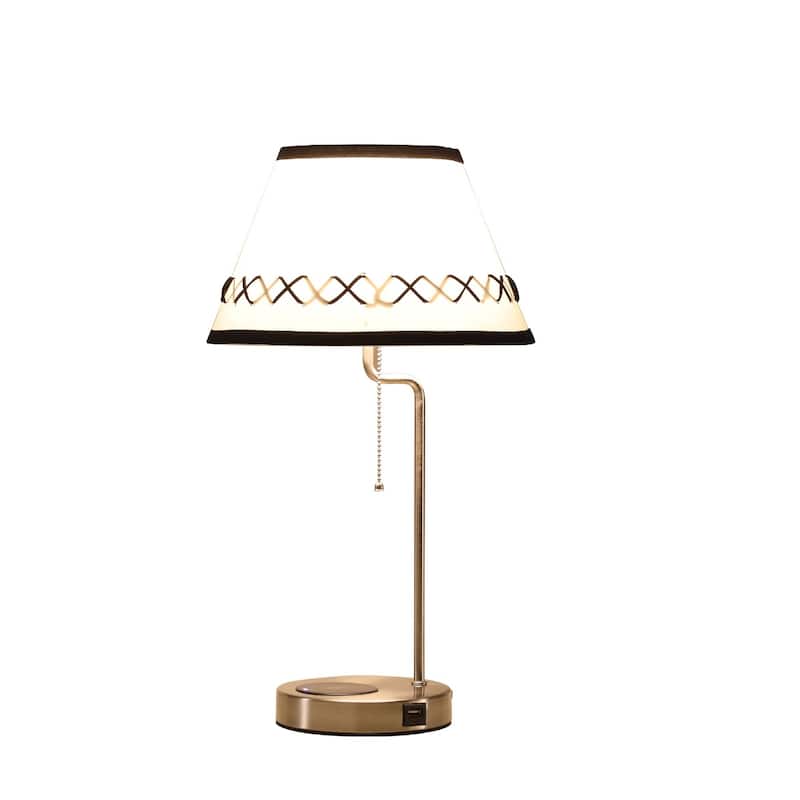 Silver Metal Bedside Lamp with Black Trim Shade and USB Charging Port - 6” x 6” x 20” (D x W x H)