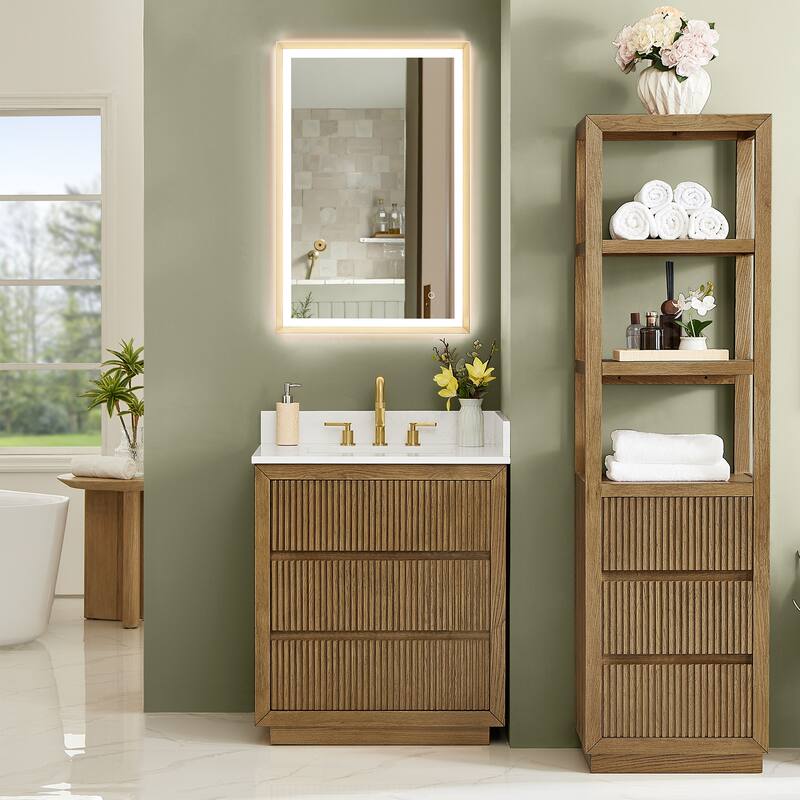 Navan Bathroom Vanity in Weathered Brown with Grain White Engineered Stone Countertop No Mirror - 30"x34"