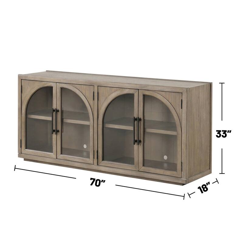 4 Doors Wooden and Glass Server with Adjustable Shelves in Oak