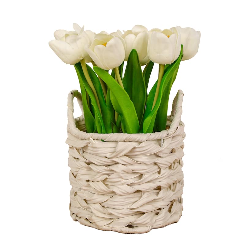 National Tree Company 10 in. White Tulip Bouquet in White Basket y - 10 in