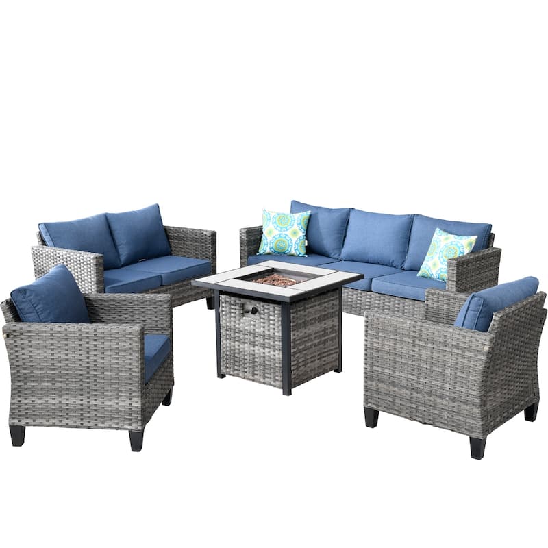 OVIOS 5-piece Patio Loveseat Wicker Set with 30" Fire Pit