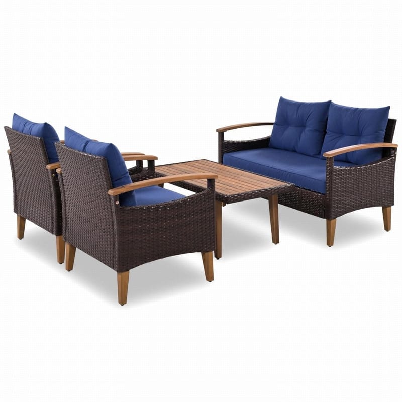 4-Piece Wicker Outdoor Sofa Set, Patio Seating with Wood Table and Cushions for Stylish Outdoor Living
