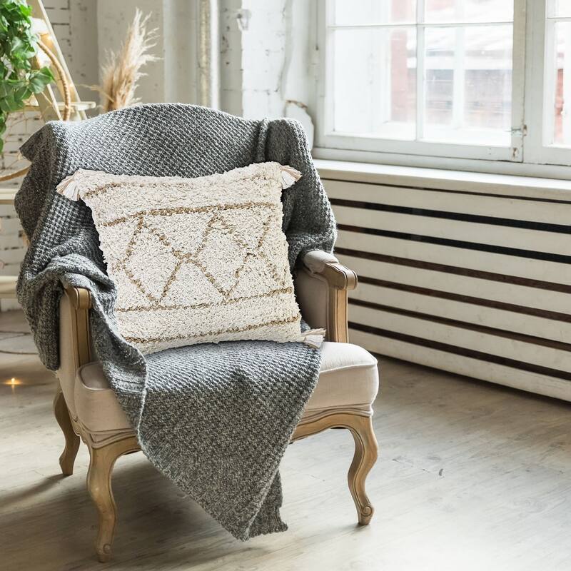 20" White and Tan Diamond Square Throw Pillow