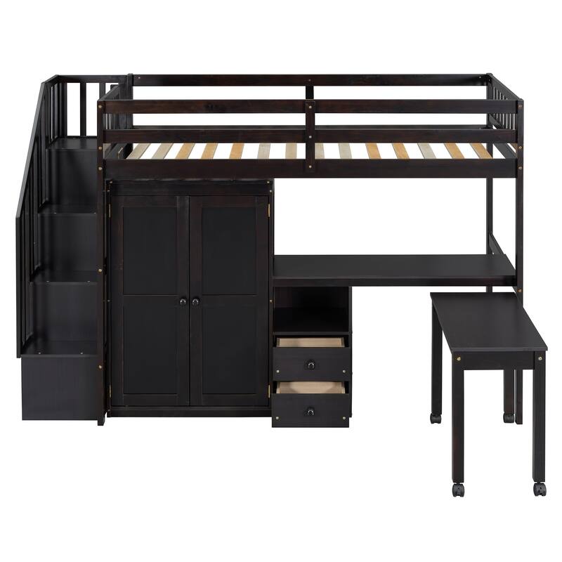 Twin Loft Bed with Staircase & Study Station and 5-in-1 Storage, 300lb Capacity