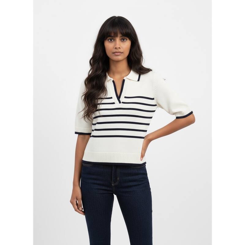 Nanette Lepore Women's Striped Knit Polo Top - Cannoli Cream/Nanette Navy - L