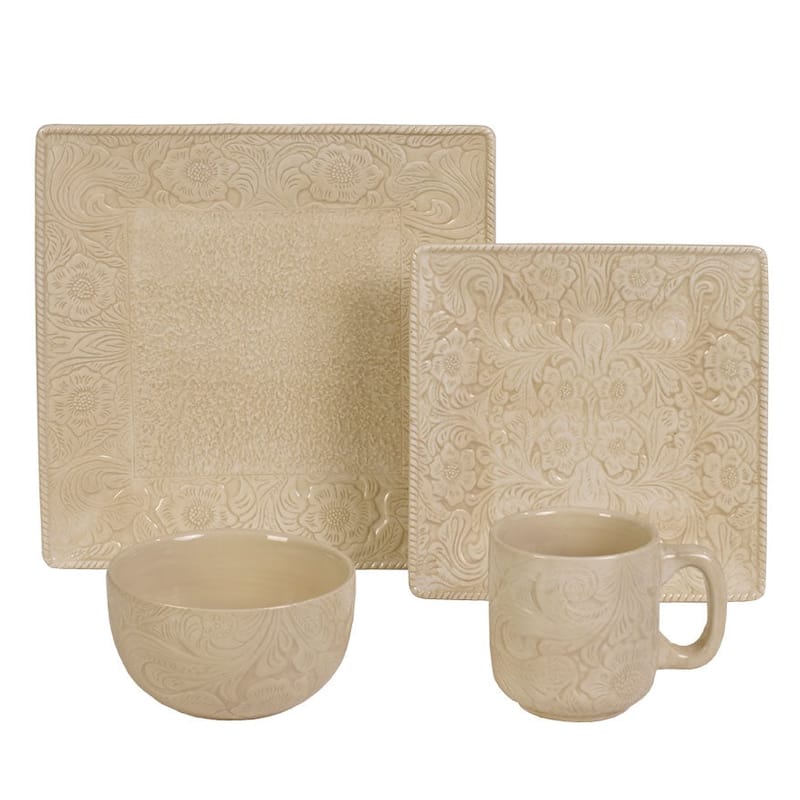 HiEnd Accents Savannah Ceramic Floral Damask Dinnerware Set, 16PC - Cream