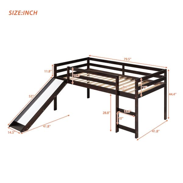 dimension image slide 1 of 3, Low Loft Bed with Slide, Twin