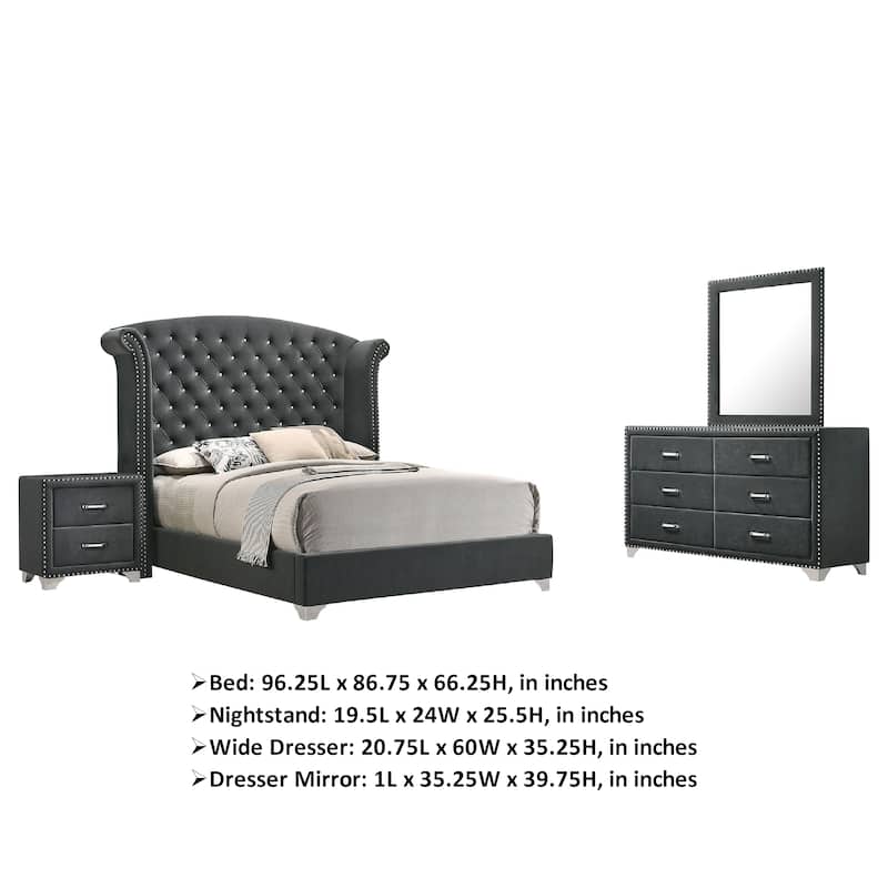 Giya 4pc King Bedroom Set, Classic Tufted Dark Gray Velvet Upholstery