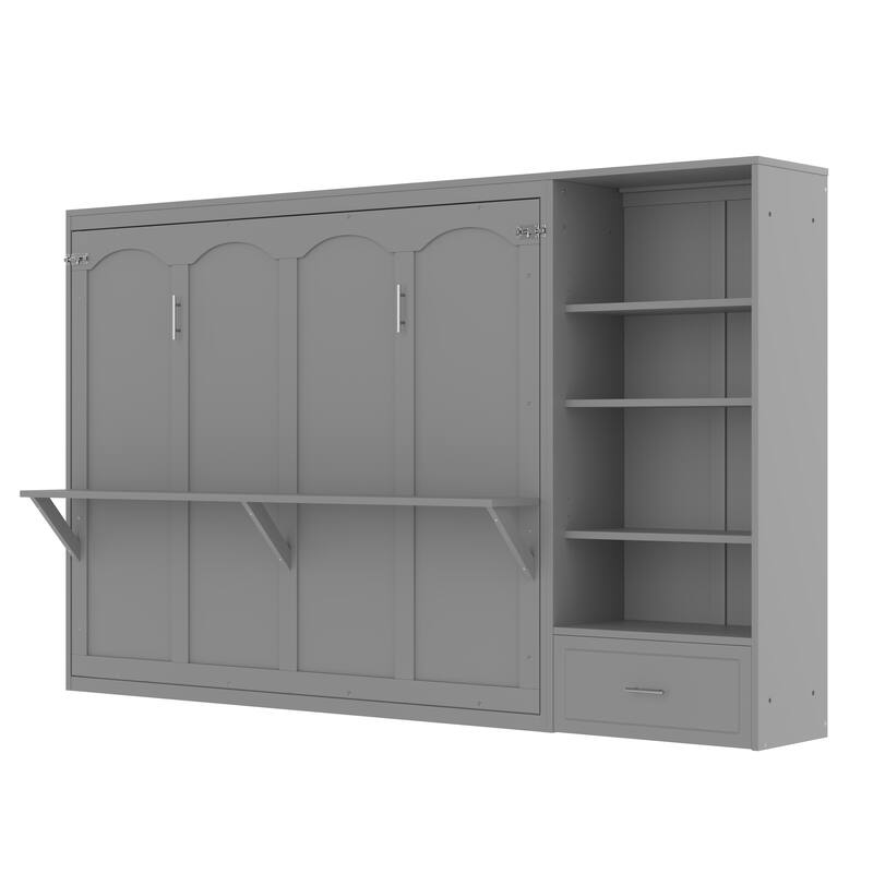 Murphy Bed Foldable Platform Bed Frame Queen Size Wall Bed with Drawer and Storage Cabinet Adjustable Height Compartments Shelf