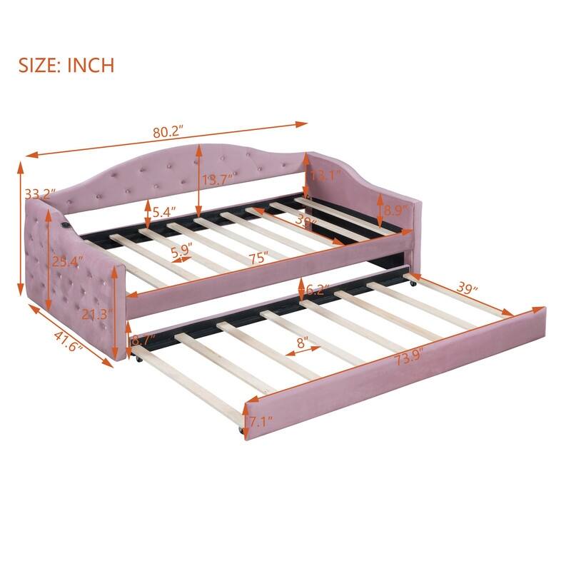 Twin Size Upholstered Daybed with Pop Up Trundle,Velvet Tufted Headboard with Charging Station