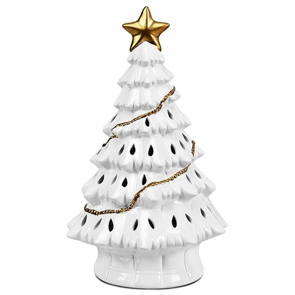 Costway 11''Pre-Lit Ceramic Christmas Tree Tabletop Lights White