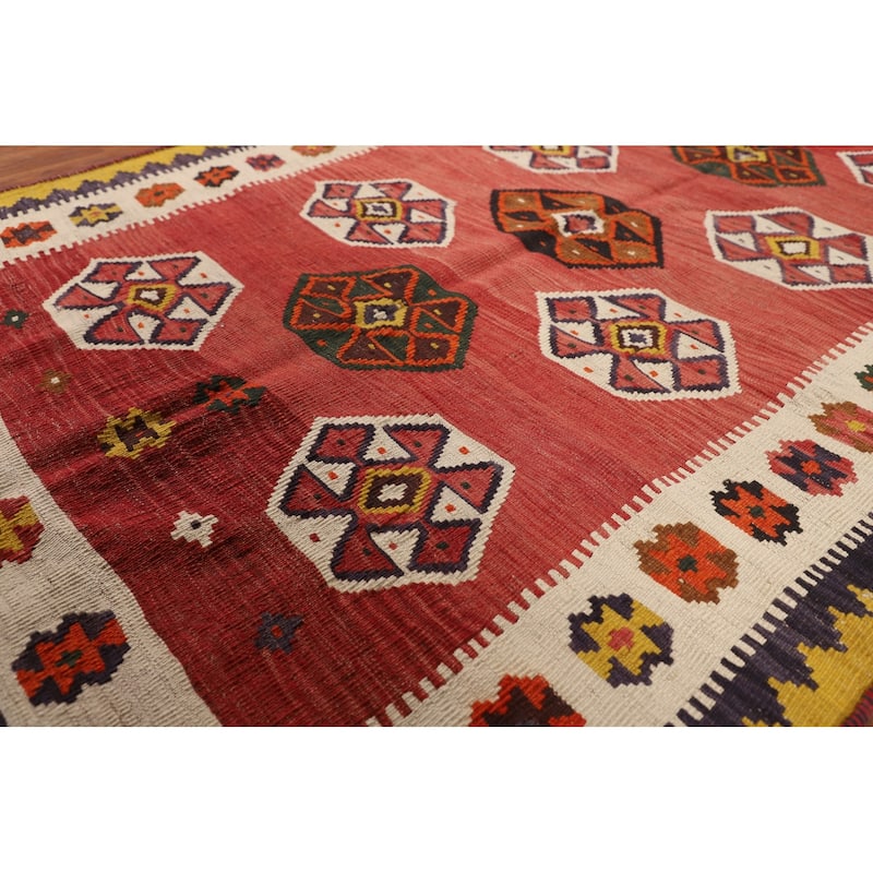Kilim Qashqai Persian Vintage Rug Hand-Woven Geometric Red Wool Carpet - 4'1"x 6'8"