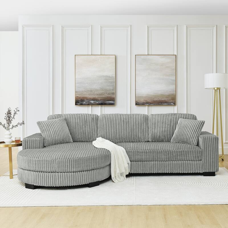 Corduroy Tufted Upholstered Sofa, L-Shaped Modular Sectional Sofa, Convertible Sleeper Sofa with Curved Ottoman