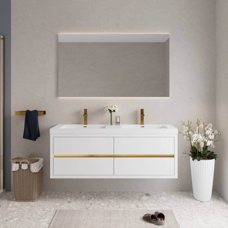 Wall-Mounted Bathroom Vanity with White Stone Resin Top - 59.06'' x 19.69'' x 22.44'' - Glossy White