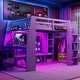 preview thumbnail 35 of 45, Wood Gaming Loft Bed with Desk, Bookcase, LED and Hanging Clothes Rack Gray - Full
