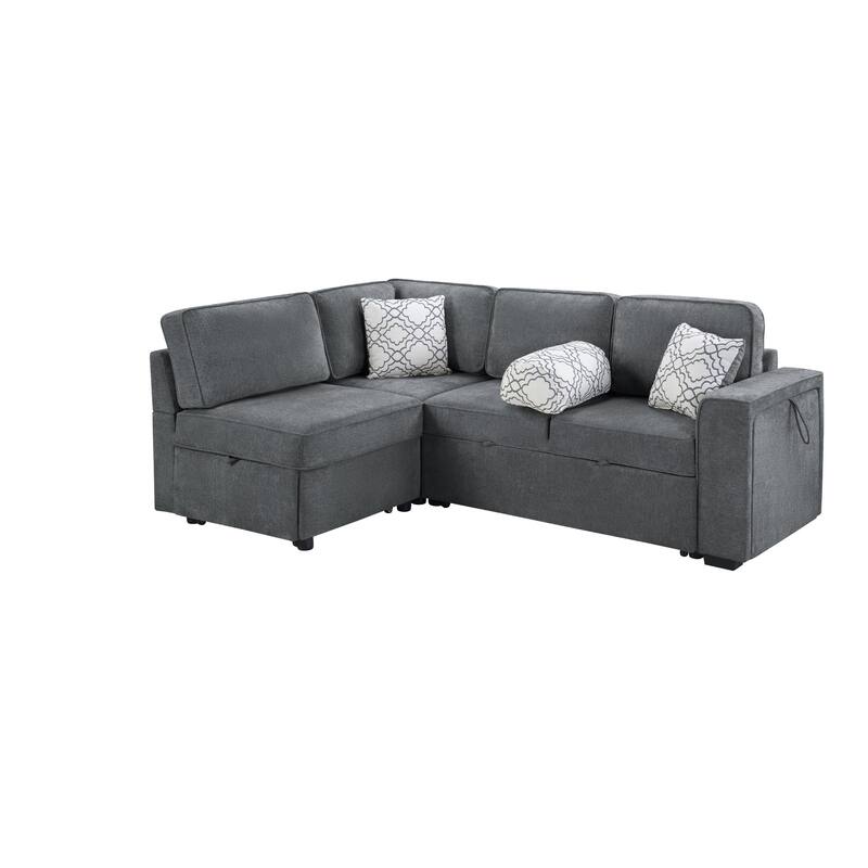 Convertible Sectional Sofa Bed with Flip-Top Table, USB Ports & Cup Holder, Chenille L-Shaped Sofa with Dual Pull-Out Sleepers