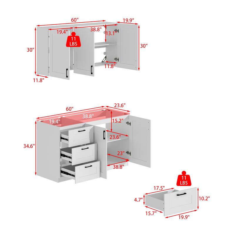 Modular White Kitchen Cabinet Set Customizable Base and Wall Cabinets Pantry Storage and DIY Countertop Design(Without desktop)
