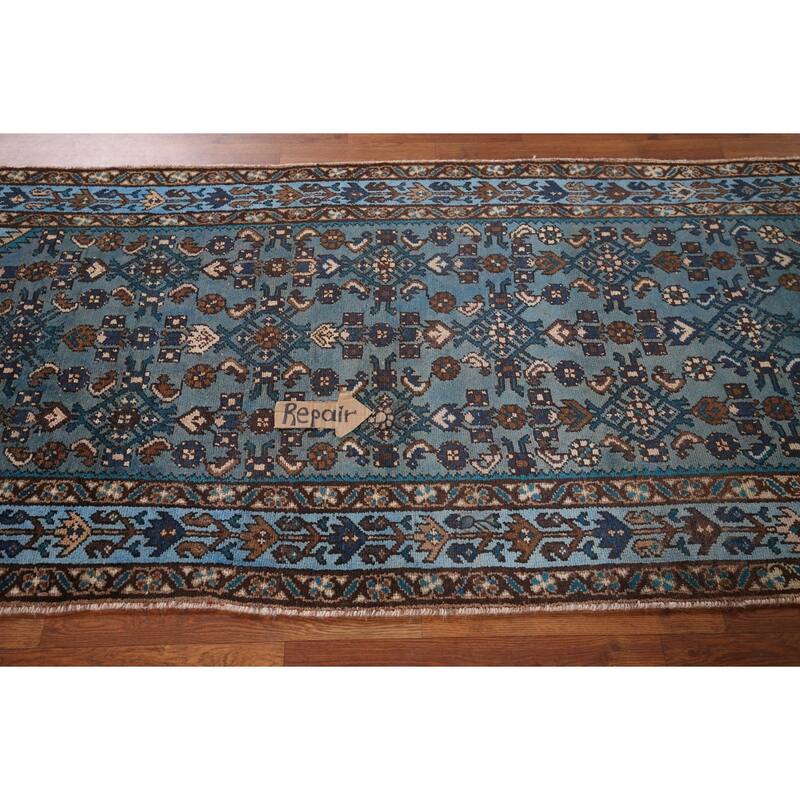 Blue Hamedan Persian Vintage Runner Rug Hand-Knotted Wool Carpet - 3'4" x 9'2"