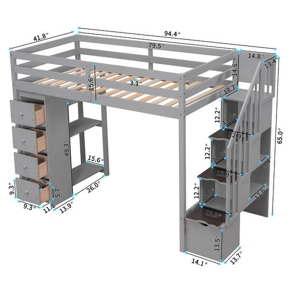 Twin size Loft Bed with Shelves, Drawers and Stairs, Grey