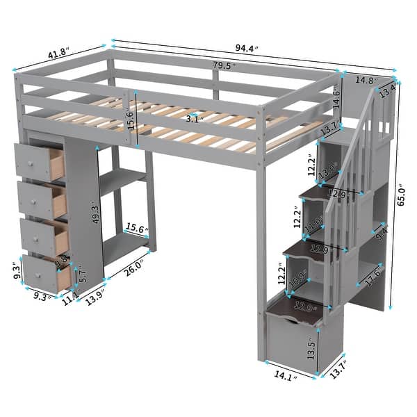 dimension image slide 2 of 3, Twin size Loft Bed with Storage Drawers, Shelves and Stairs, White