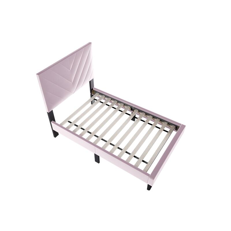 Adjustable Velvet Twin Bed with V-Stitch Headboard & 12-Slat Support