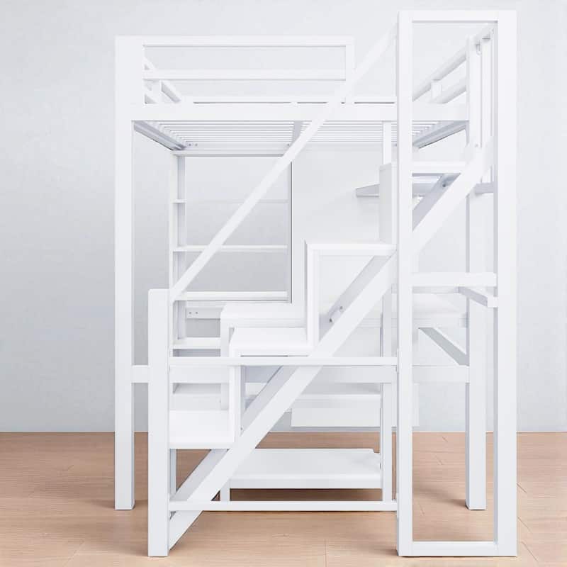 Metal Twin/Full Loft Bed with Desk, USB Ports, Wardrobe, 5-Layer Shelf, Stepped Stairs