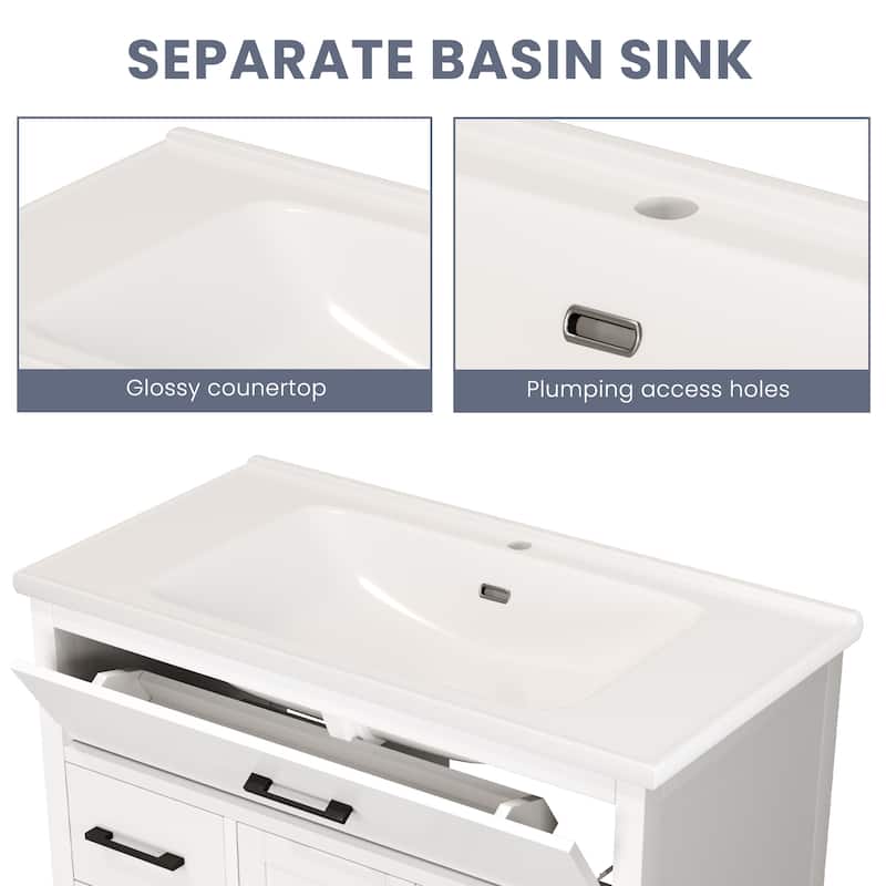 36" Free-Standing Bathroom Vanity with Marble Countertop-Soft-Close Drawers & Cabinet