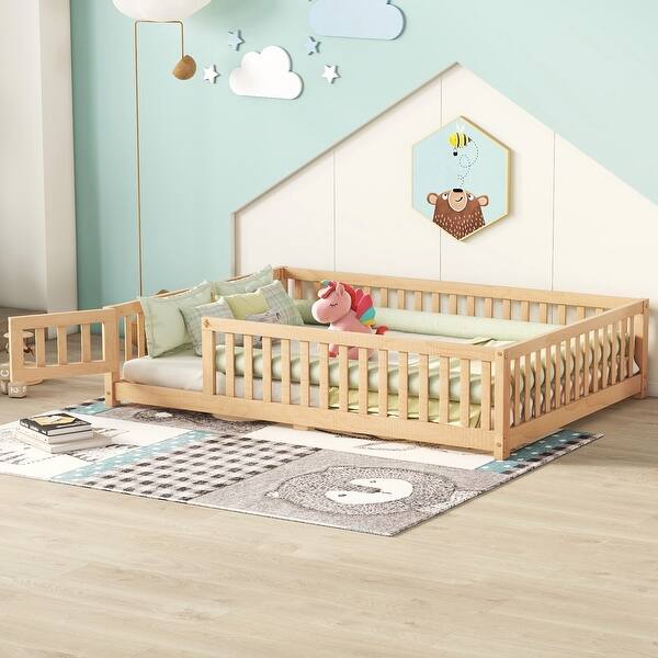 slide 2 of 14, Natural Full Size Pine Floor Bed with Guardrails & Door Full - Natural
