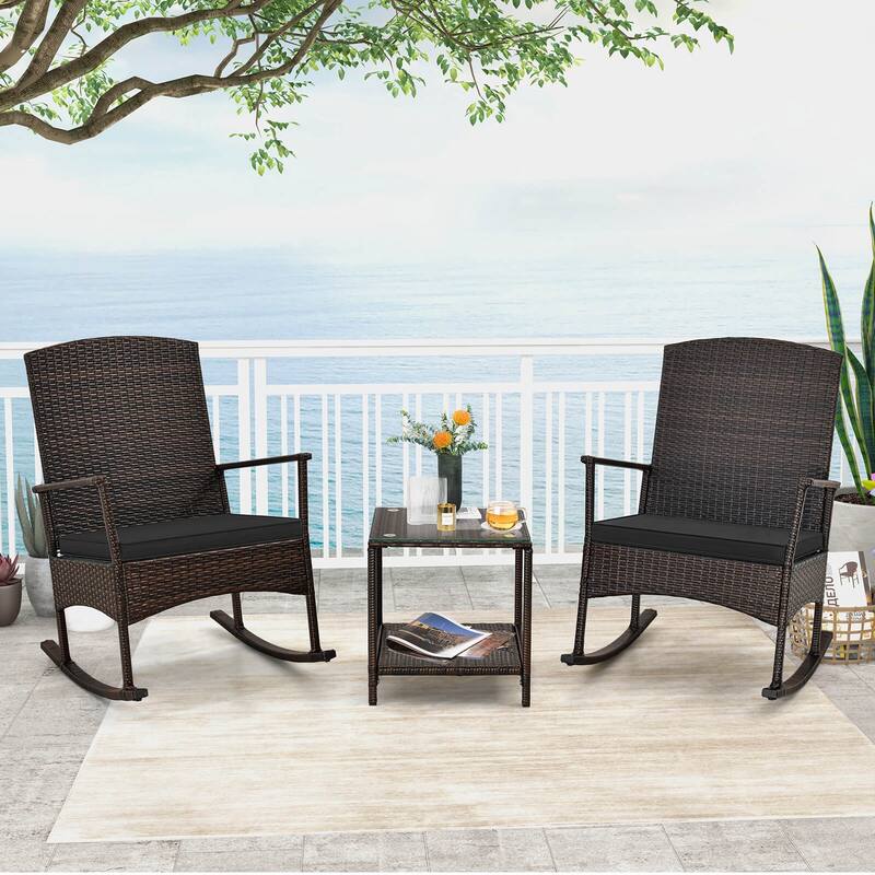 Costway 3 Piece Patio Rocking Set Wicker Rocking Chairs with 2-Tier - See Details - Black