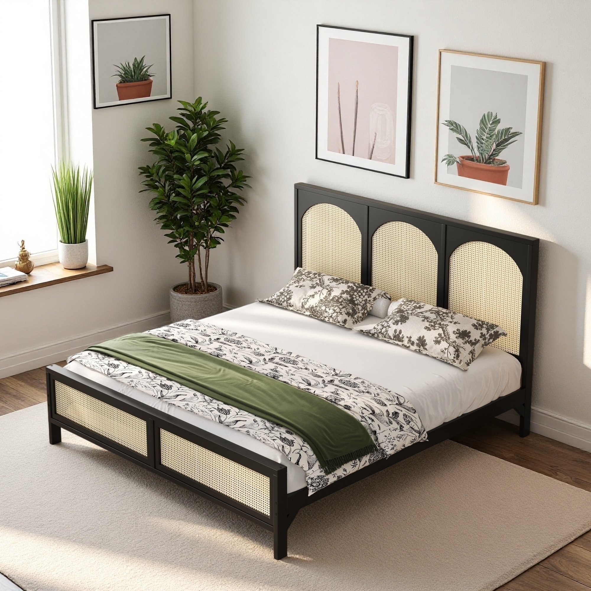 Wood Platform Bed with Rattan Headboard and Footboard