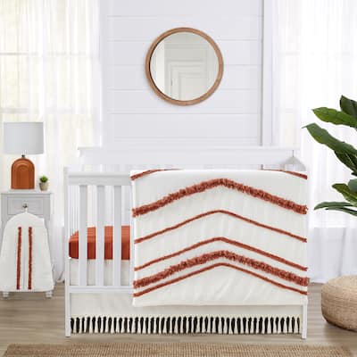 Sweet Jojo Designs Orange Boho Bohemian Girl 4pc Nursery Crib Bedding Set Burnt Rust Ivory Farmhouse Shabby Chic Fringe Cotton
