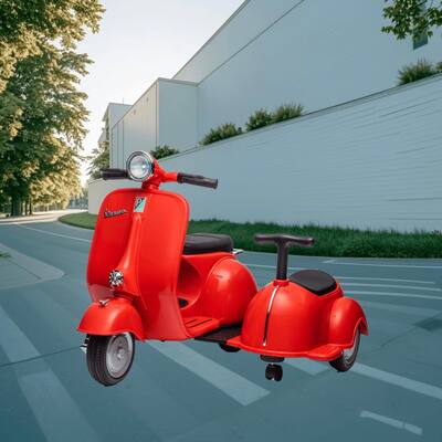 Vespa 6V Ride-On Motorcycle with Sidecar, Stylish Kids Electric Scooter Toy for Siblings, Safe and Fun for Boys and Girls