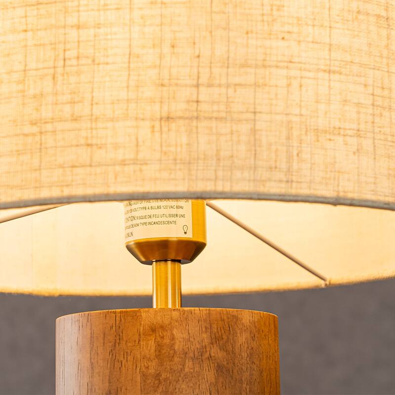 CraftHome Japandi Honey Brown Wood Modern Classic Nightstand Lamp with Beige Linen Fabric Shade for Bedroom, Living Room - W14''