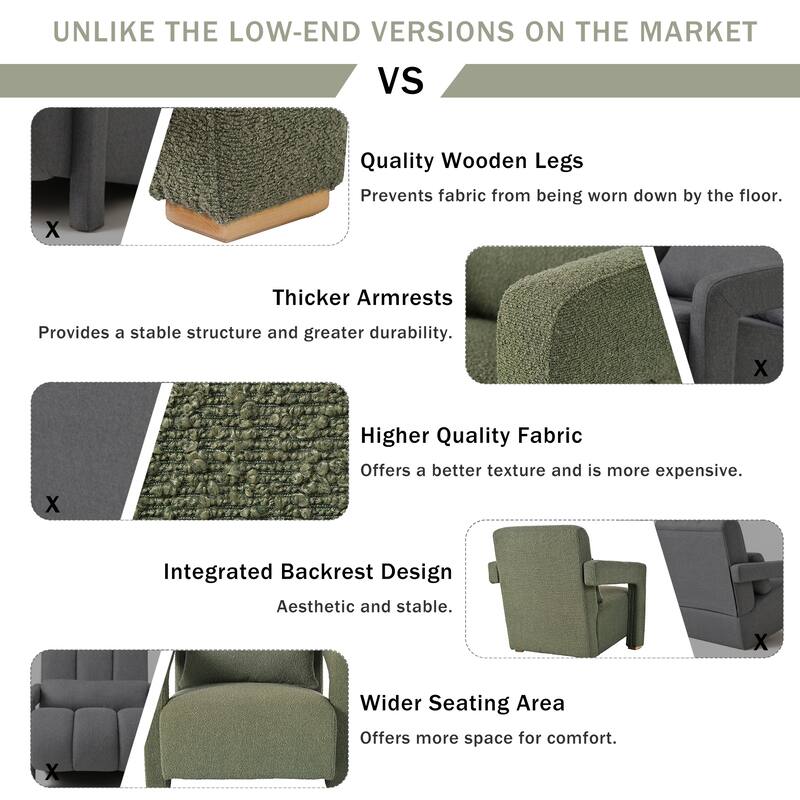 Boucle Fabric Accent Chair Set of 2 with Right-Angle Armrests, Ergonomic Lumbar Support, and Square Wooden Legs