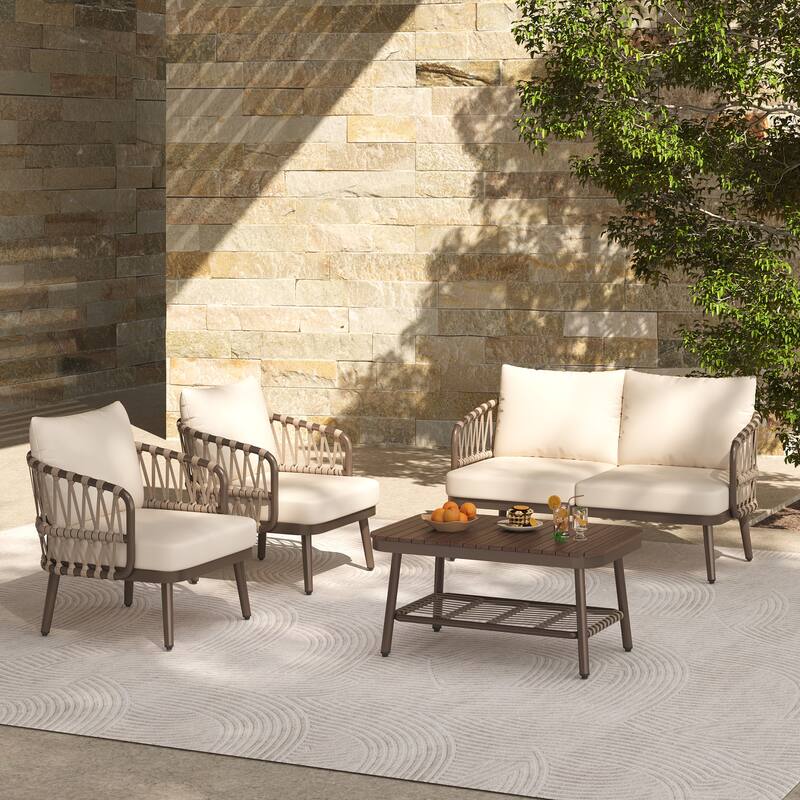 Modern 4-Piece Patio Conversation Set with Woven Rope Backrest, Acacia Coffee Table and Cushions, Outdoor Furniture