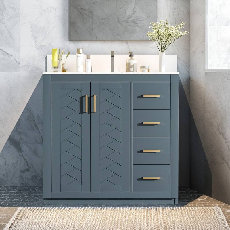 36'' Freestanding Bathroom Vanity with Sink, Solid Wood Frame, 3 Drawers - Blue