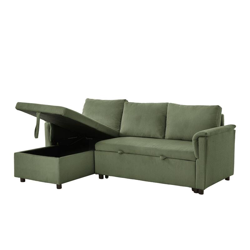 Convertible Corduroy Modular Loveseat Pull-Out Sleeper with Storage Chaise and Reclining Backrest for Living Room