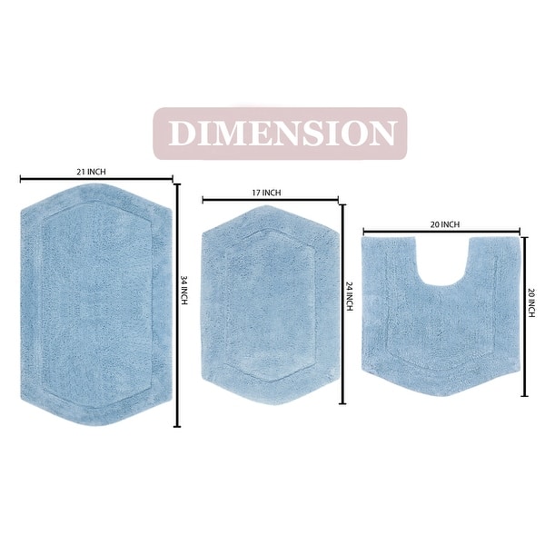 dimension image slide 9 of 19, Waterford Collection 100% Cotton Non-Slip Bathroom Rug Set, 3 Piece Machine Washable- Bathroom Rug, Bath Rug, U Shaped Contour