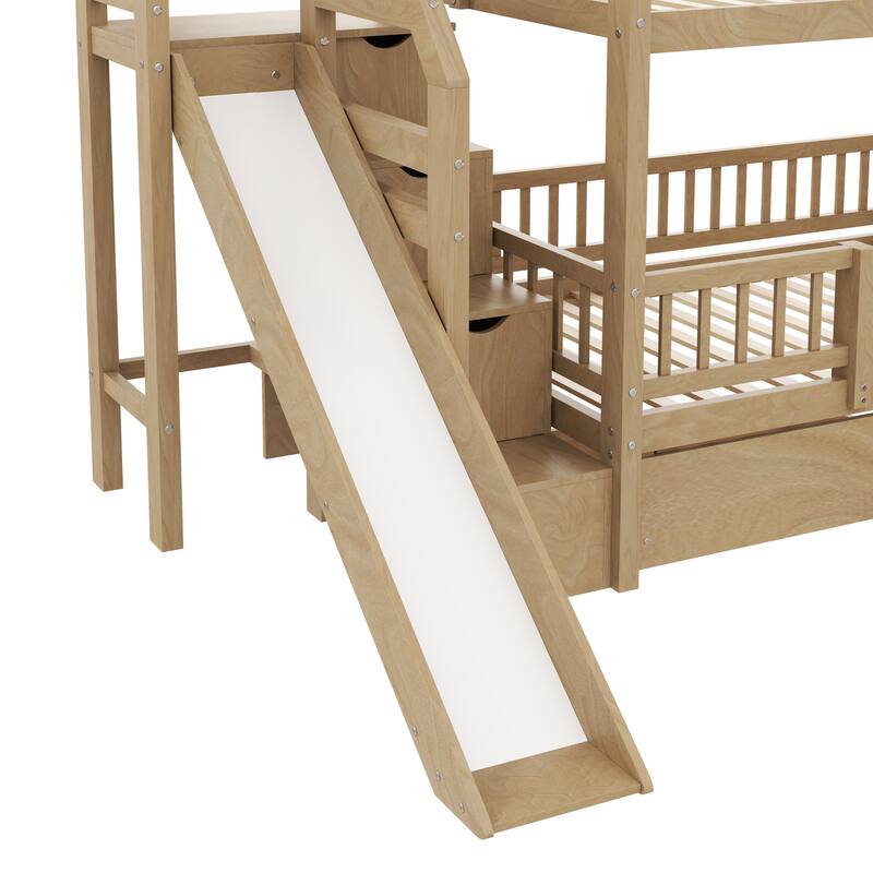 Twin Over Twin Bunk Bed with Storage Staircase, Slide and 2 Drawers