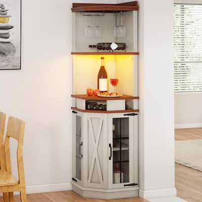 72" Tall Farmhouse Corner Bar Cabinet with Glass Door & LED Lights