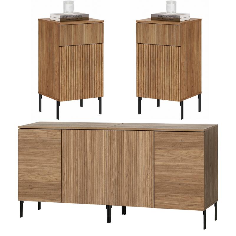 4 Pcs Bedroom Set，Reeded Dresser and Nightstand Sets for Bedroom,Wooden Night Stand of 2 with Charging Station - Walnut