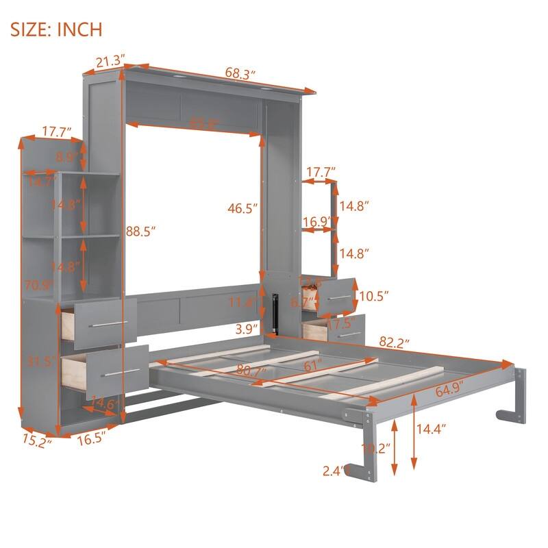 Queen Size Murphy Bed Wall Bed with Shelves, Drawers and LED Lights