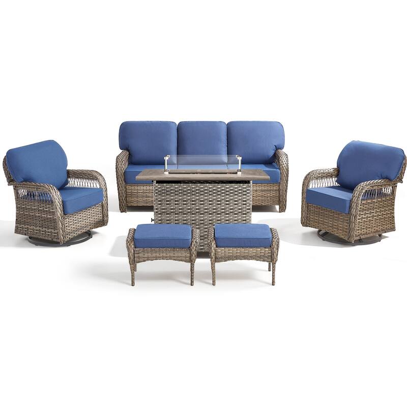 Pocassy Outdoor Fire Table with Swivel Chair Sofa Ottoman Funiture Set.