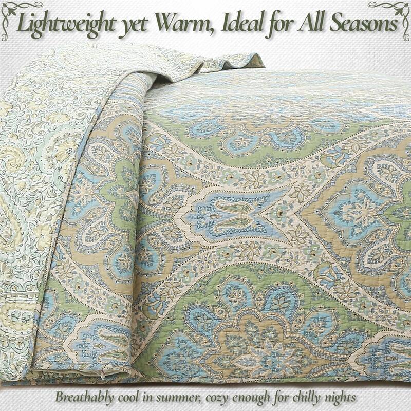 Cozy Line Tweedia Blue Green Floral Paisley Damask 3 Piece Cotton Quilt Bedding Set