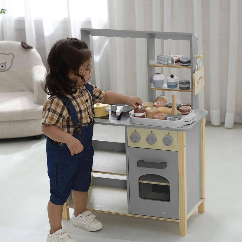 Wooden Play Kitchen Set for Kids – Pretend Chef Cooking Toy with 28 Accessories for Toddlers & Children
