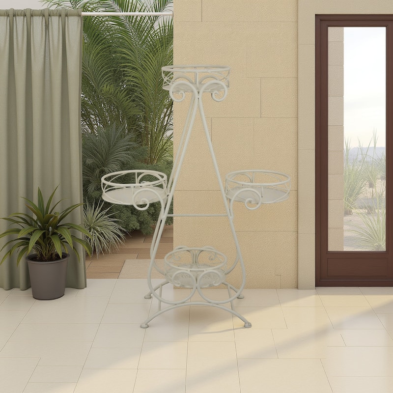 Shin Plant Stand with 4 Solid Pots, Classic White Metal Finish 33 Inch