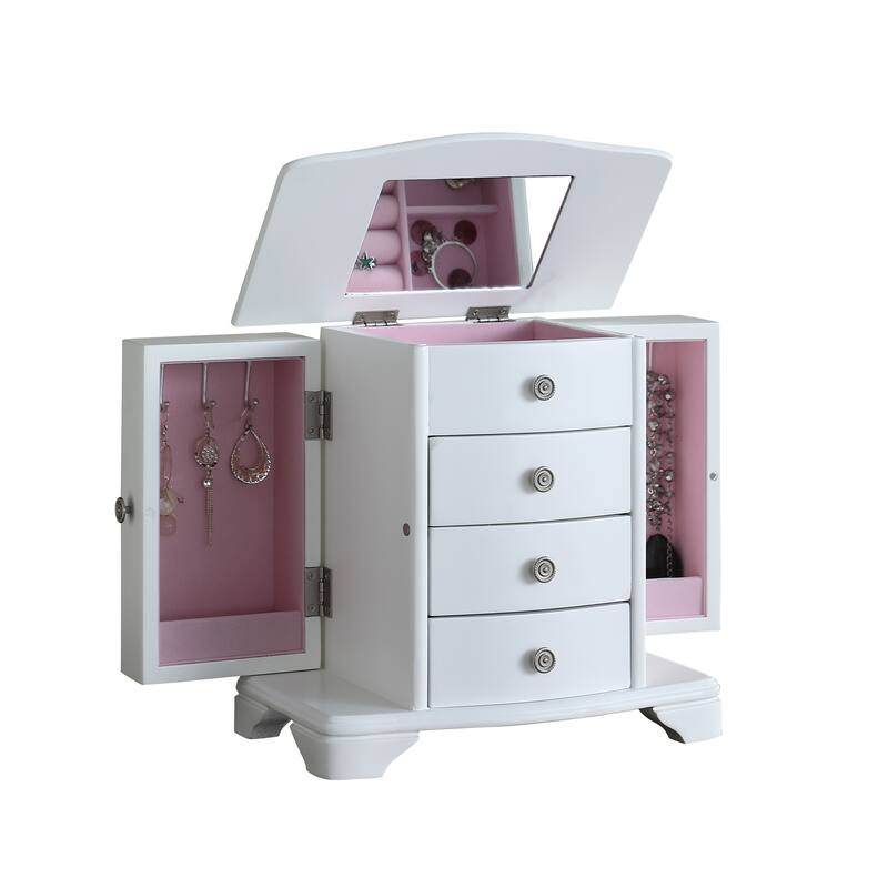 White Jewelry Box with Pink Velvet Lining，4 layer jewelry organizer box and attached 2 side doors