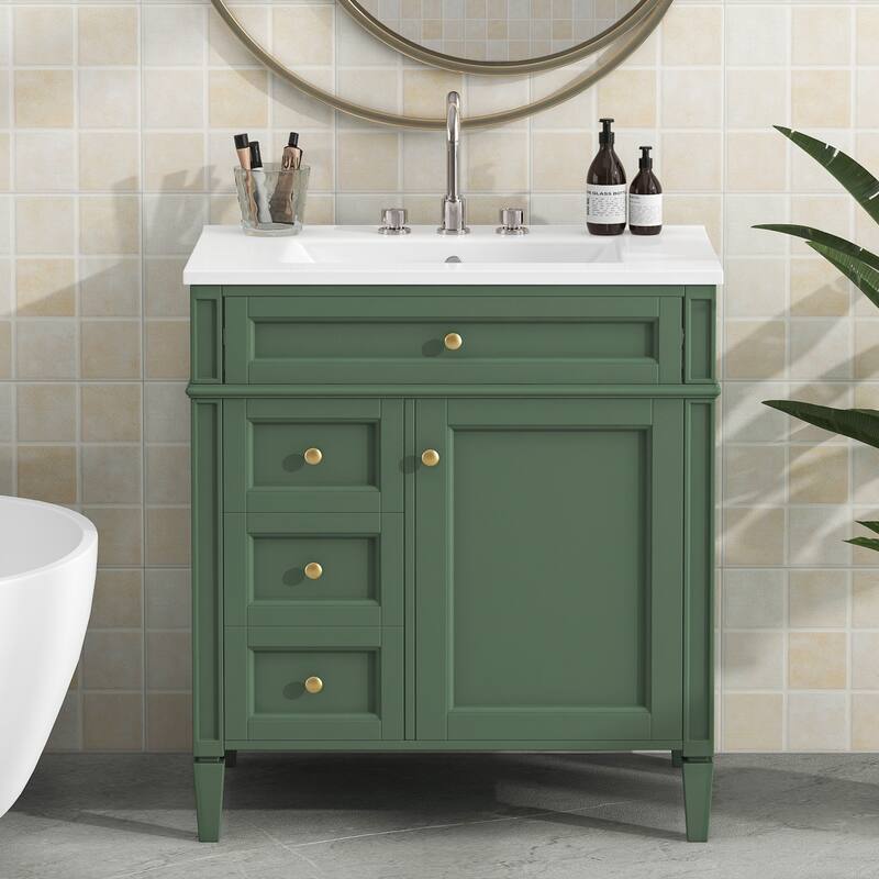 Bathroom Vanity Cabinet with Door Rack, Drawers of Different Sizes, Metal Textured Knobs, Roman Leg Design and Adjustable Shelf