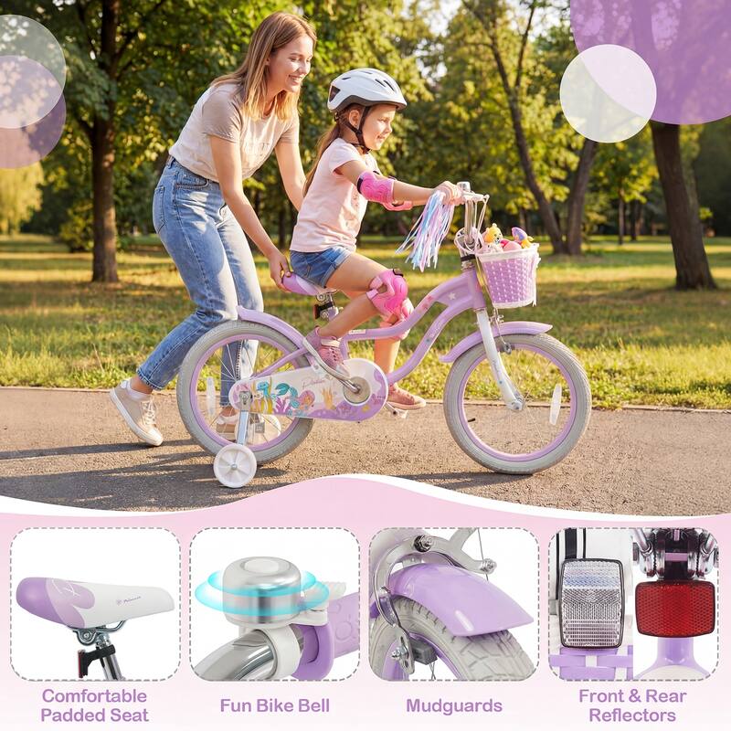 Gymax 16'' Kids Bike w/Training Wheels Hand Coaster Brakes Adjustable - Purple