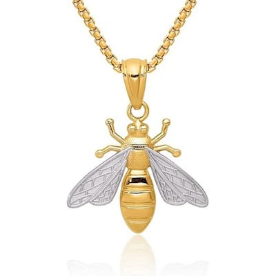 Curata 14k Yellow Gold 18" with Rhodium Bee Pendant Necklace - 20x15mm